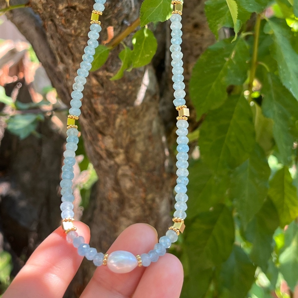 Stainless steel natural aquamarine necklace‎
